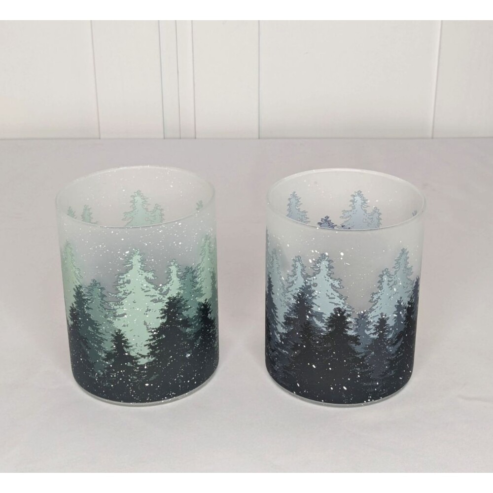 Winter Forest Frosted Candle Holder Set - Pine Trees Snow Cascades Alaska 5.5”